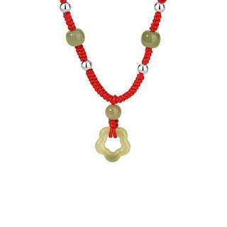 Buddha Gift 925 Sterling Silver Natural Hetian Cyan Jade Flower Pentagram Luck Red Rope Necklace Pendant Bracelet Set