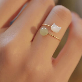 Buddha Gift Tridacna Stone Cat Head Jade Bead Blessing Ring