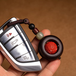 Buddha Gift Tibet Om Mani Padme Hum PiXiu Copper Coin Small Leaf Red Sandalwood Cinnabar Protection Key Chain