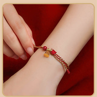 Buddha Gift Handmade 925 Sterling Silver Lotus Cinnabar Gold Bead Blessing Braid Bracelet