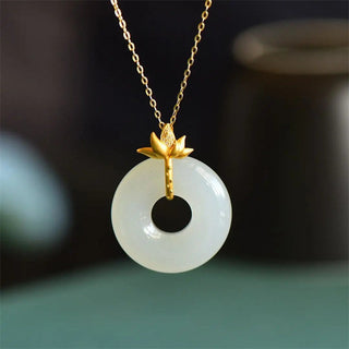 Buddha Gift White Jade Lotus Harmony Necklace Pendant