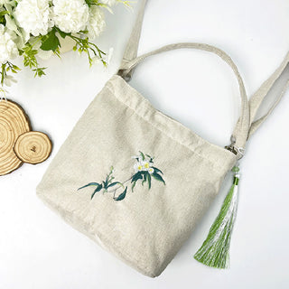 Buddha Gift Embroidery Wisteria Plum Lotus Cherry Blossom Cotton Linen Canvas Tote Crossbody Bag Shoulder Bag Handbag
