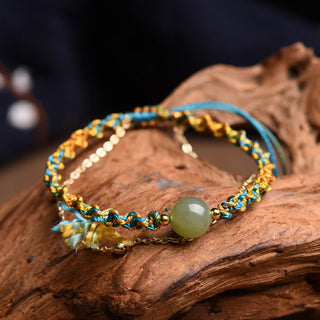 Buddha Gift Handmade Colorful Rope Luck Jade Bead Abundance Double Layer Bracelet