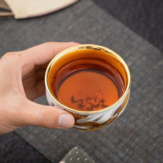 Buddha Gift Golden Eagle Auspicious Dragon Sun Ocean Waves Gilt Ceramic Teacup Kung Fu Tea Cup