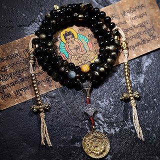 Buddha Gift 108 Mala Beads Gold Sheen Obsidian Tiger Eye Eagle's Eye Stone Wealth Bracelet