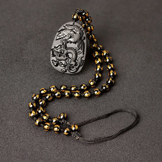 Buddha Gift Black Obsidian Tiger Eye Dragon Phoenix Protection Beaded Necklace Pendant