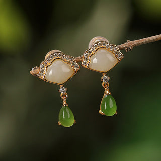 Buddha Gift White Jade Cyan Jade Fan Water Drop Pattern Luck Drop Earrings
