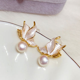 Buddha Gift 925 Sterling Silver Posts Copper Plated Gold Natural Pearl Bead Butterfly Wisdom Stud Earrings