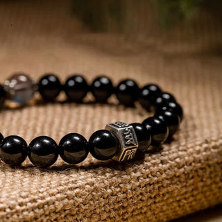 Buddha Gift Chinese Zodiac Natal Buddha 925 Sterling Silver Black Obsidian Moonstone Strength Bracelet