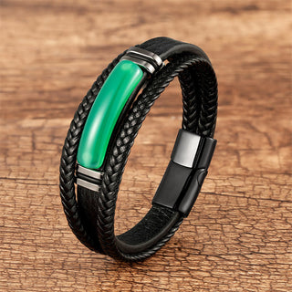 Buddha Gift Natural Stone Green Agate Power Multilayered Braided Leather Bracelet