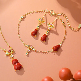 Buddha Gift 925 Sterling Silver Red Agate Gourd Auspicious Clouds Confidence Bracelet Necklace Pendant Earrings Set