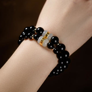 Buddha Gift Black Obsidian Jade Om Mani Padme Hum Strength Couple Magnetic Bracelet