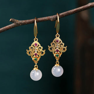 Buddha Gift 24K Gold Plated Round Chalcedony Positive Dangle Drop Earrings
