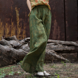 Buddha Gift Green Yellow Ramie Linen Flexible Waistband Wide Leg Pants With Pockets