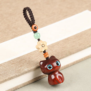 Buddha Gift Mini Small Leaf Red Sandalwood Ebony Wood Lucky Cat Lovely Kitty Peace Key Chain Phone Hanging Decoration
