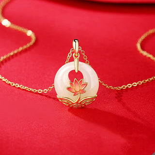 Buddha Gift 925 Sterling Silver Hetian White Jade Lotus Flower Blessing Necklace Pendant