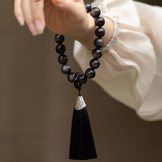 Buddha Gift Natural Silver Sheen Obsidian Black Obsidian Lion Wrist Mala Protection Tassels Pocket Mala Car Decoration