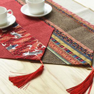 Buddha Gift Classic Chinese Style Lotus Koi Fish Flower Crane Calligraphy Enlightenment Cotton Linen Tassels Table Runner