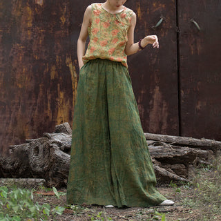 Buddha Gift Green Yellow Ramie Linen Flexible Waistband Wide Leg Pants With Pockets