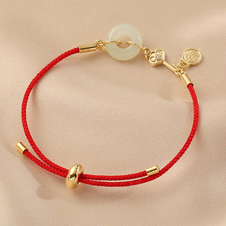 Buddha Gift 18K Gold Plated Hetian Jade Peace Buckle Fu Character Luck Red Rope Bracelet