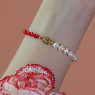 Buddha Gift 14K Gold Plated Pearl Bead Luck Protection Braid Red String Bracelet