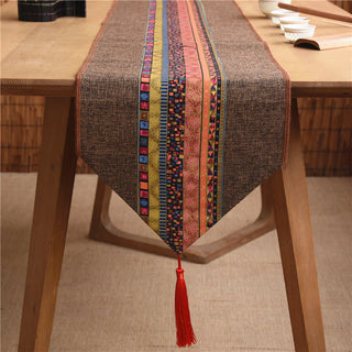 Buddha Gift Classic Chinese Style Lotus Koi Fish Flower Crane Calligraphy Enlightenment Cotton Linen Tassels Table Runner
