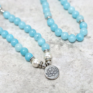 Buddha Gift Natural Amazonite Stone Healing Lotus Mala Bracelet
