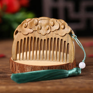 Buddha Gift Green Sandalwood Fox Peony Flower Lotus Engraved Cure Tassel Comb