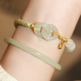 Buddha Gift Natural Hetian Jade Bead Double Peace Buckle Fu Character Abundance Braided Bracelet