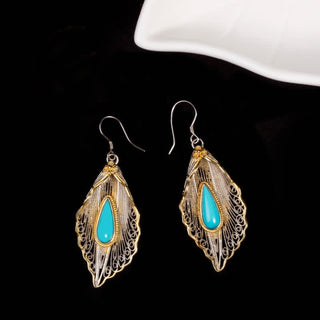 Buddha Gift 925 Sterling Silver Turquoise Bodhi Leaf Pattern Protection Drop Dangle Earrings