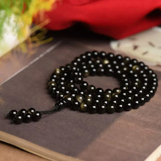 Buddha Gift 108 Mala Beads Natural Gold Sheen Obsidian Wealth Bracelet