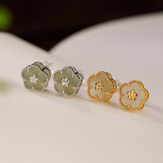 Buddha Gift 925 Sterling Silver Hetian Jade Plum Flower Luck Stud Earrings