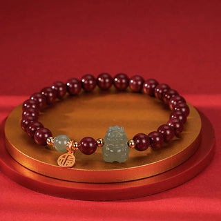 Buddha Gift 925 Sterling Silver Year of the Dragon Natural Cinnabar Hetian Jade Dragon Fu Character Ruyi As One Wishes Charm Blessing Bracelet (Extra 30% Off | USE CODE: FS30)
