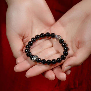 Buddha Gift Chinese Zodiac Natal Buddha 925 Sterling Silver Black Obsidian Moonstone Strength Bracelet
