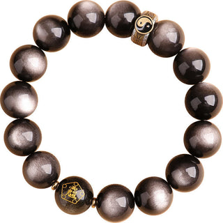 Buddha Gift 925 Sterling Silver Black Obsidian Gold Sheen Obsidian Silver Sheen Obsidian Yin Yang Protection Bracelet