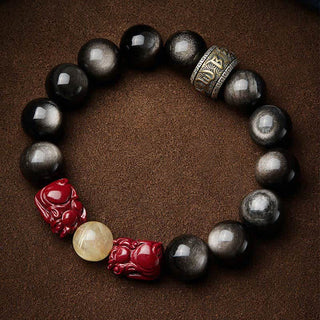 Buddha Gift Gold Sheen Obsidian PiXiu Cinnabar Om Mani Padme Hum Protection Bracelet