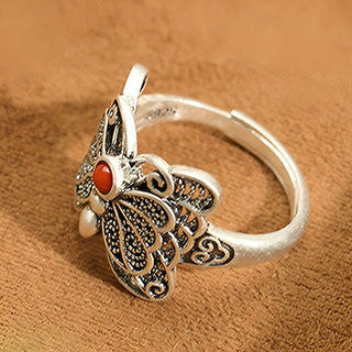 Buddha Gift 925 Sterling Silver Red Agate Butterfly Self-acceptance Ring Earrings Set