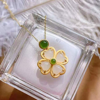 Buddha Gift 925 Sterling Silver Lucky Four Leaf Clover Jade Prosperity Necklace Chain Pendant