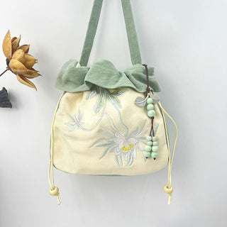 Buddha Gift Suzhou Embroidery Lotus Epiphyllum Magnolia Cotton Linen Tote Crossbody Bag Shoulder Bag Handbag