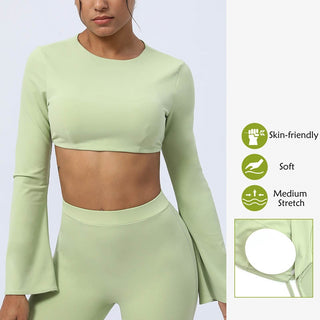 Buddha Gift Long Sleeve Backless Strap Top Bra Flare Pants Fitness Yoga Outfit