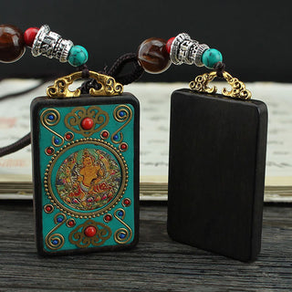 Buddha Gift Tibet God Of Wealth Money Tree Golden Phoenix Thangka Ebony Peace Necklace Pendant