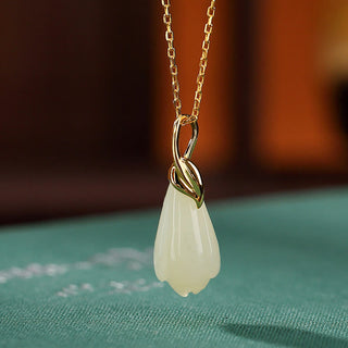 Buddha Gift 925 Sterling Silver Plated Gold Natural Hetian Jade Magnolia Flower Abundance Necklace Pendant