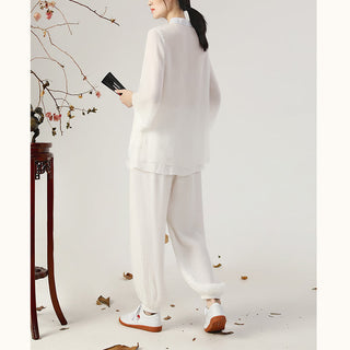 Buddha Gift 2Pcs Long Sleeve Frog-Button Meditation Prayer Zen Practice Tai Chi Uniform Clothing Women's Set