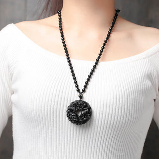 Buddha Gift Natural Black Obsidian Peace Buckle Pixiu Purification Necklace Pendant