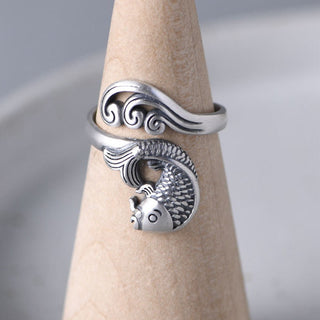 Buddha Gift 925 Sterling Silver Koi Fish Water Ripple Luck Wealth Ring