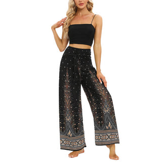 Buddha Gift Boho Peacock Feathers Lace-up Wide Leg Pants Women's Yoga Pants