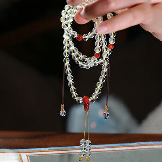 Buddha Gift 108 Mala Beads 925 Sterling Silver Natural White Agate Red Agate Quadruple Wrap Protection Bracelet