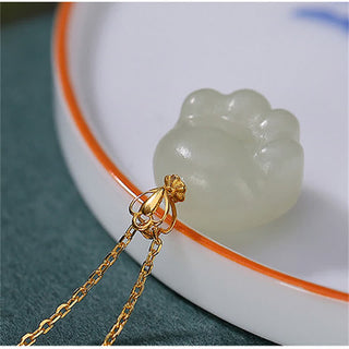Buddha Gift 925 Sterling Silver Hetian White Jade Cute Cat Paw Luck Necklace Pendant