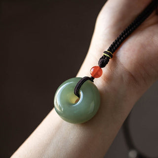 Buddha Gift Natural Round Jade Peace Buckle Lotus Abundance String Necklace Pendant