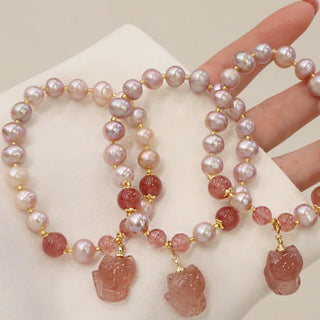 Buddha Gift Natural Pearl Strawberry Quartz Cute Fox Love Healing Charm Bracelet